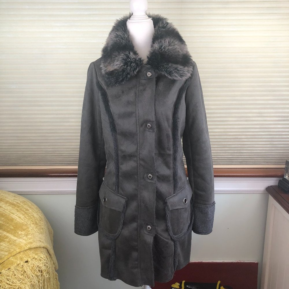 Monoreno Dark Gray Faux Suede & Faux Fur Lined Lightweight Coat Outdoor Cozy